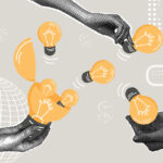 Contemporary halftone collage. Concept idea generation, invention and cognition, ready solution. Open light bulb with new ideas. Hands collecting ideas.